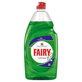 Fairy - Original Washing Up Liquid - 900ml comes with a white label, baby illustration, red cap, and contains the signature green liquid known for its effective cleaning and powerful grease-cutting power.